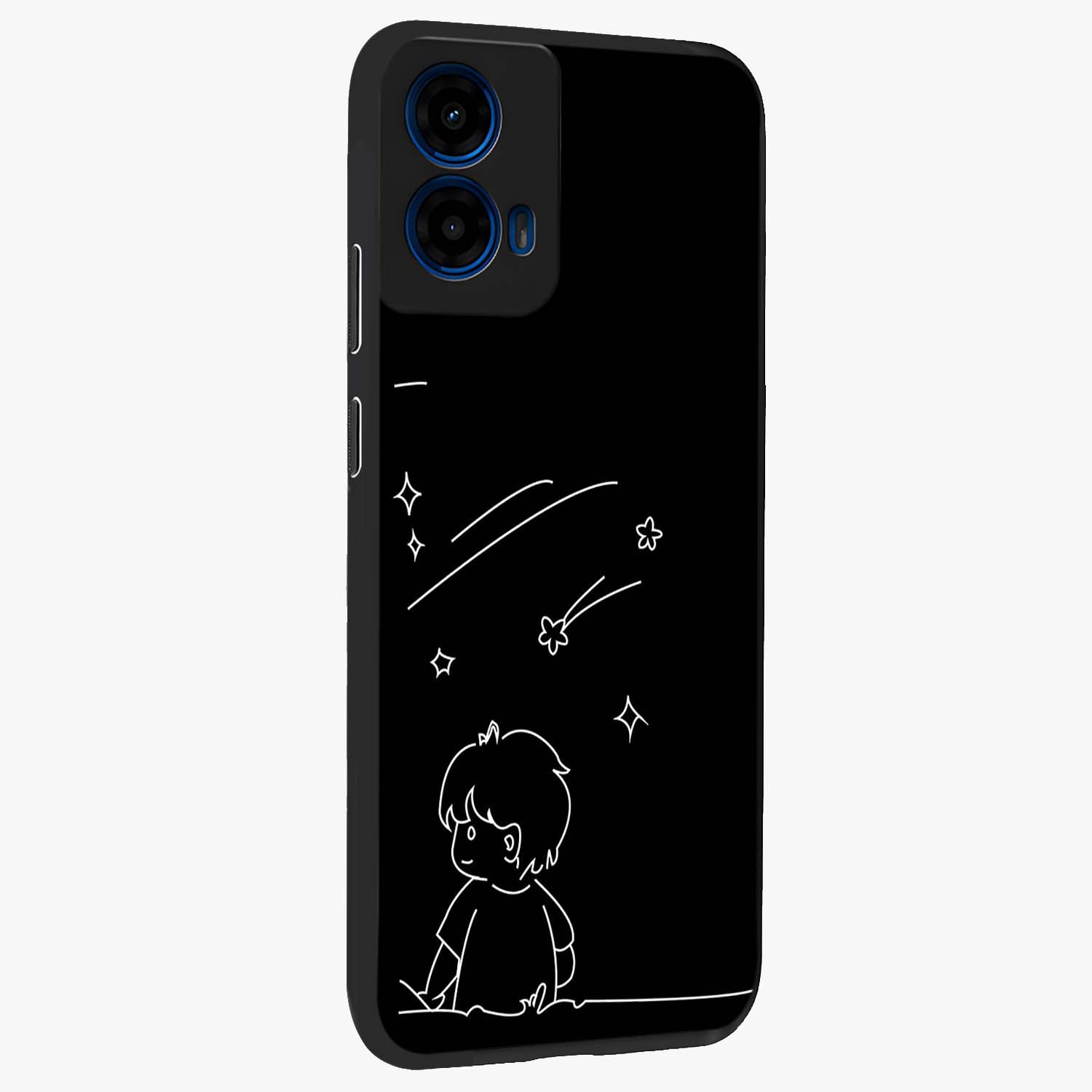 Line Art Boy With Shooting Stars Glass Case upright view showcasing artistic shooting star illustration with minimal style.