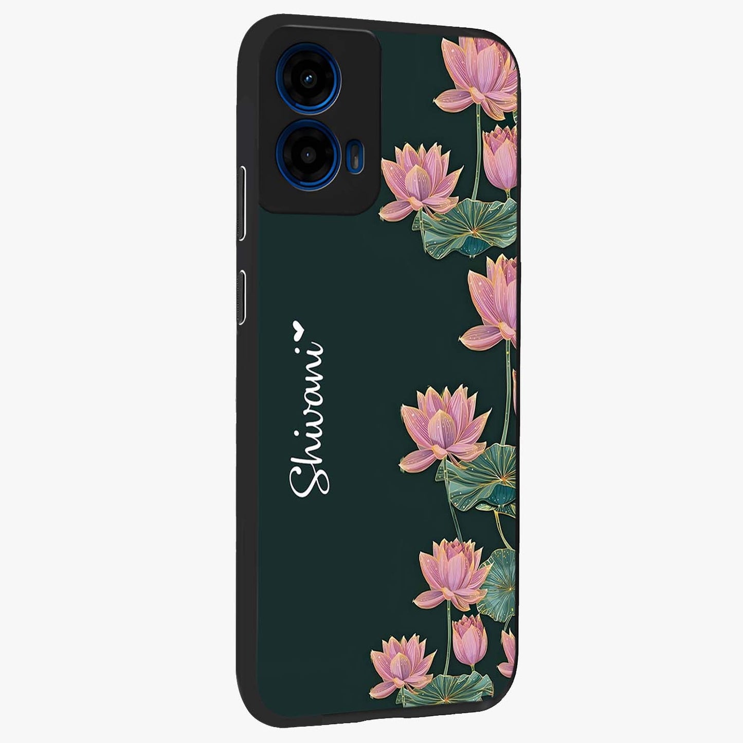 Lotus Bloom Serenity Custom Name Glass Case upright view showcasing serene lotus bloom artwork with personalized floral aesthetic.
