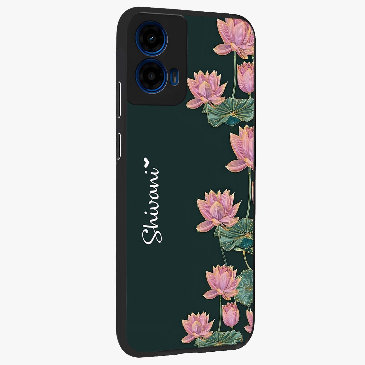 Lotus Bloom Serenity Custom Name Glass Case upright view showcasing serene lotus bloom artwork with personalized floral aesthetic.
