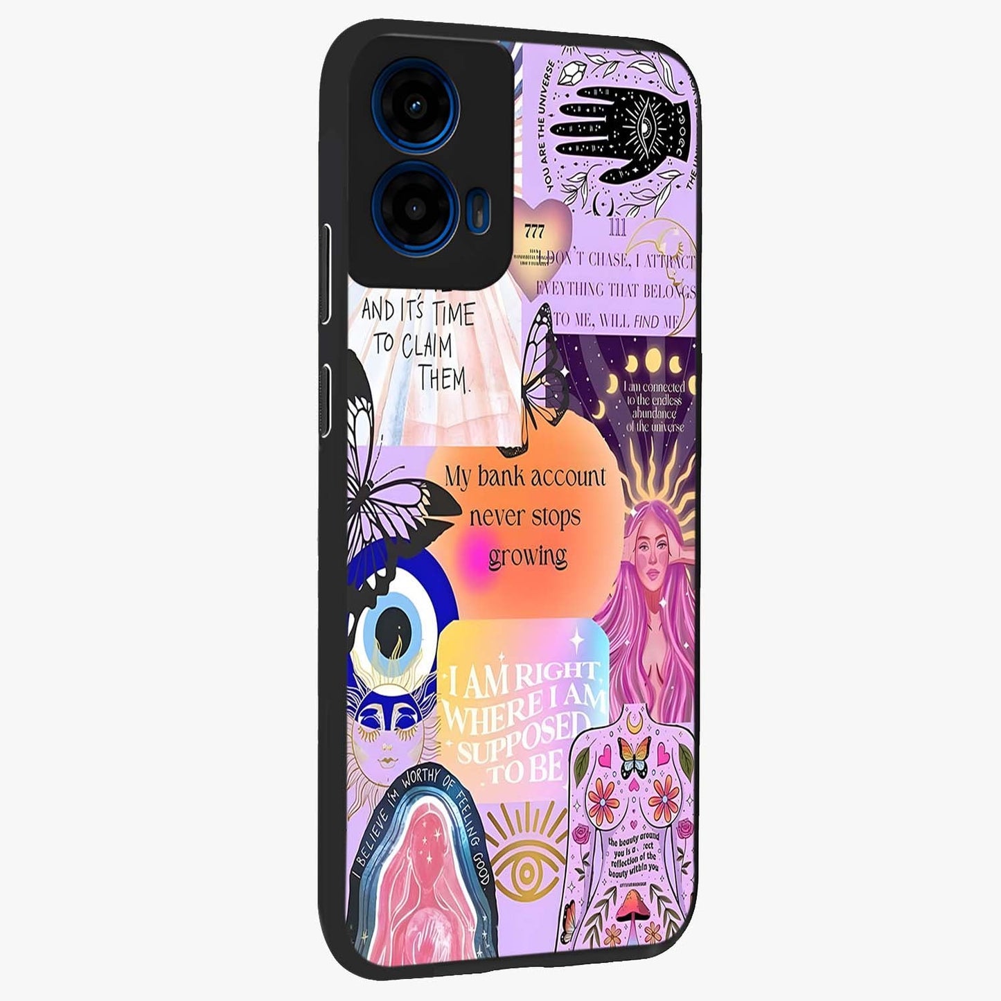 Manifestation Collage Glass Case upright view showcasing artistic manifestation themed artwork with creative style.