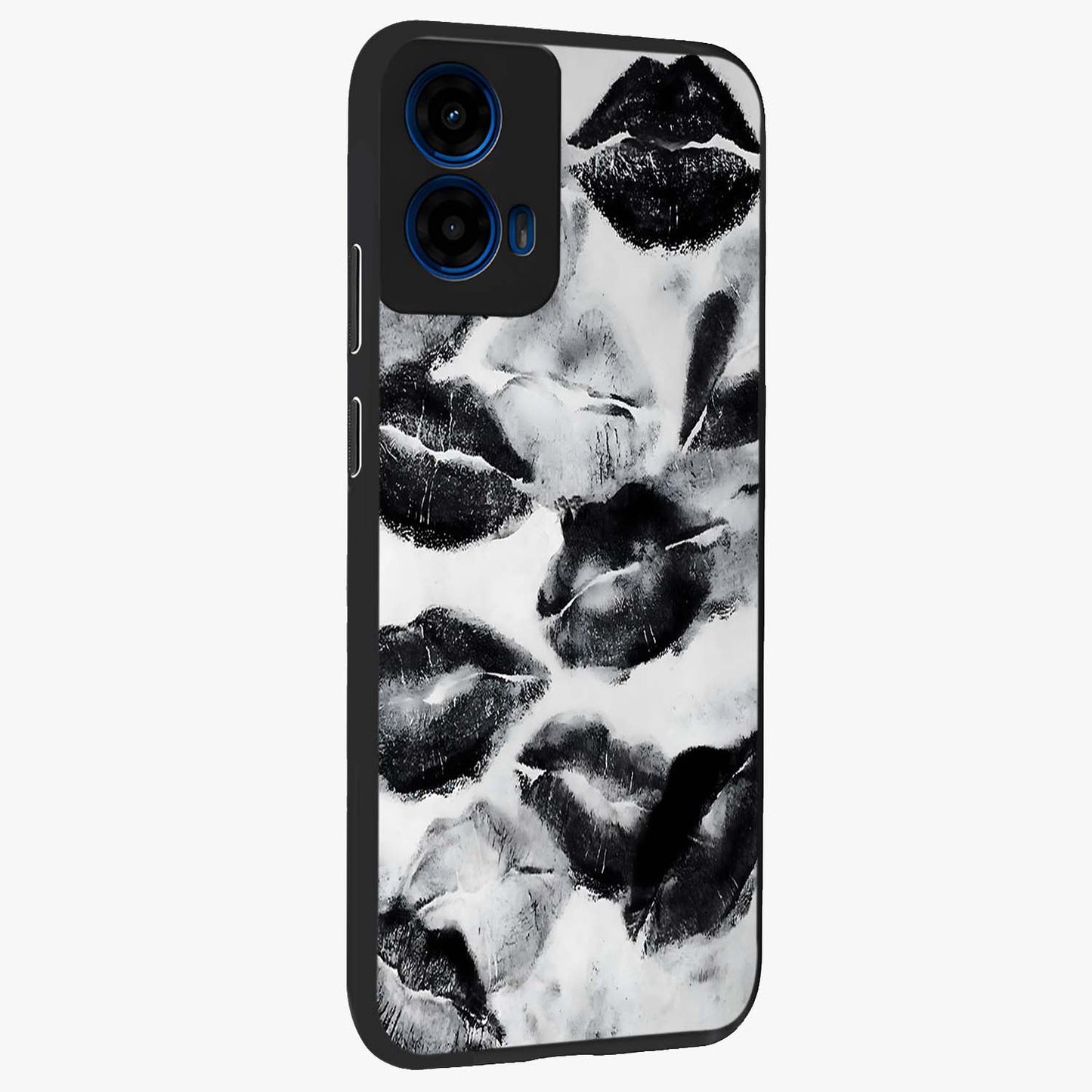 Midnight Kiss Marks Glass Case upright view showcasing stylish kiss mark artwork with trendy romantic theme.