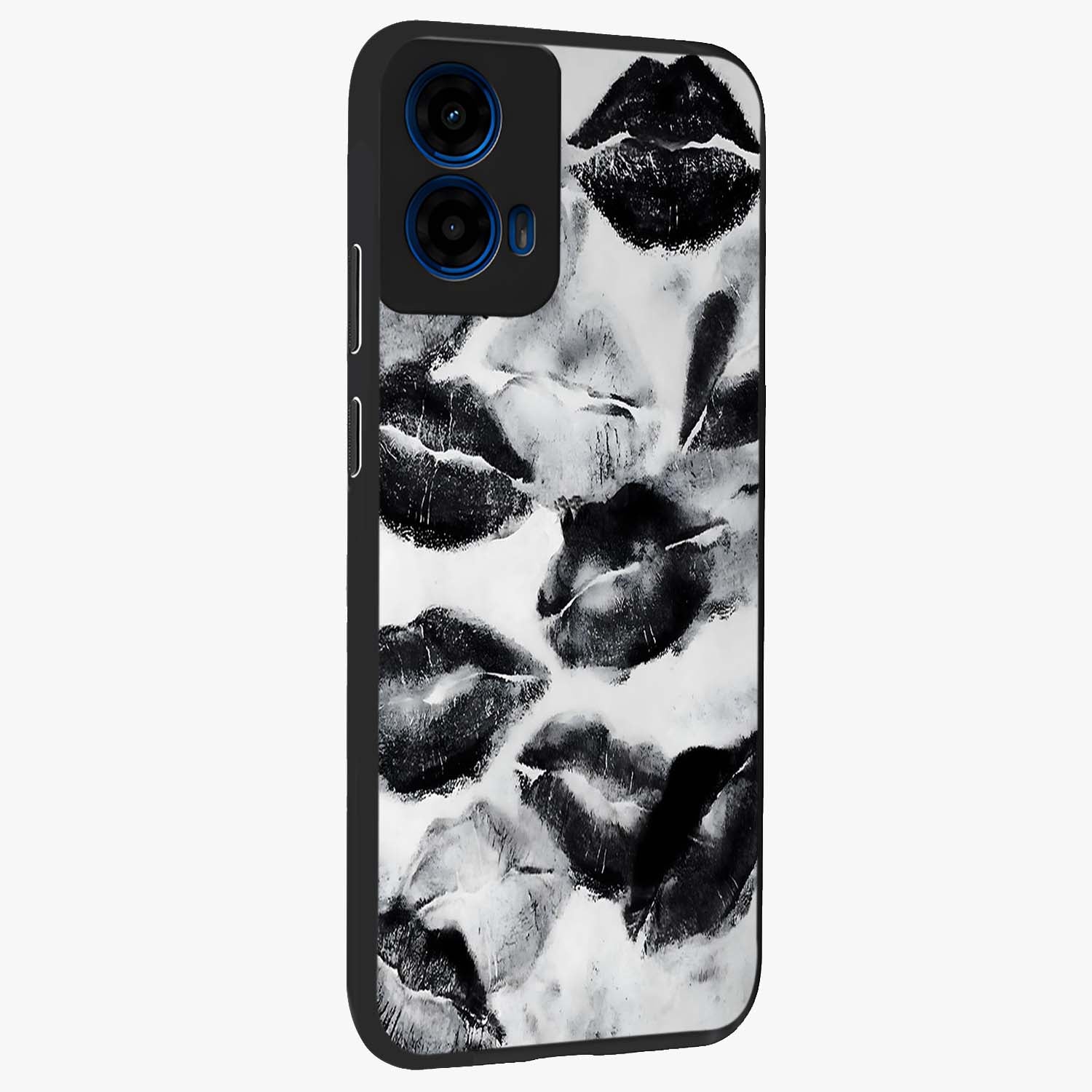 Midnight Kiss Marks Glass Case upright view showcasing stylish kiss mark artwork with trendy romantic theme.