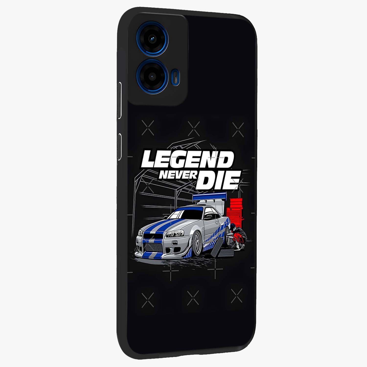 Midnight Racing Legacy Glass Case upright view showcasing powerful racing artwork with modern sports theme.