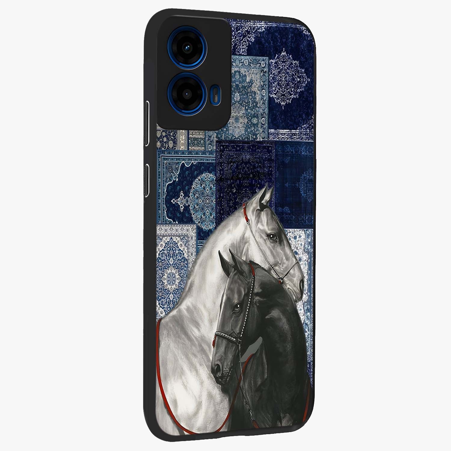 Midnight Stallion Blues Glass Case upright view showcasing dramatic horse artwork with bold artistic theme.