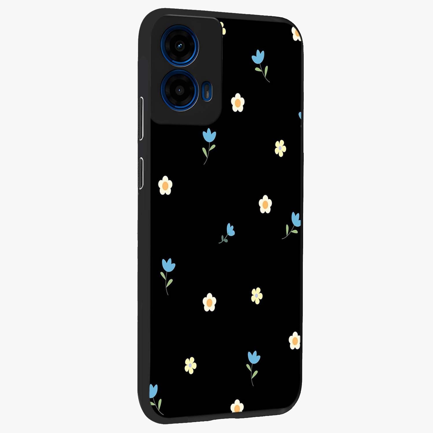 Minimal Petal Whispers Glass Case upright view showcasing elegant floral artwork with modern minimalist style.