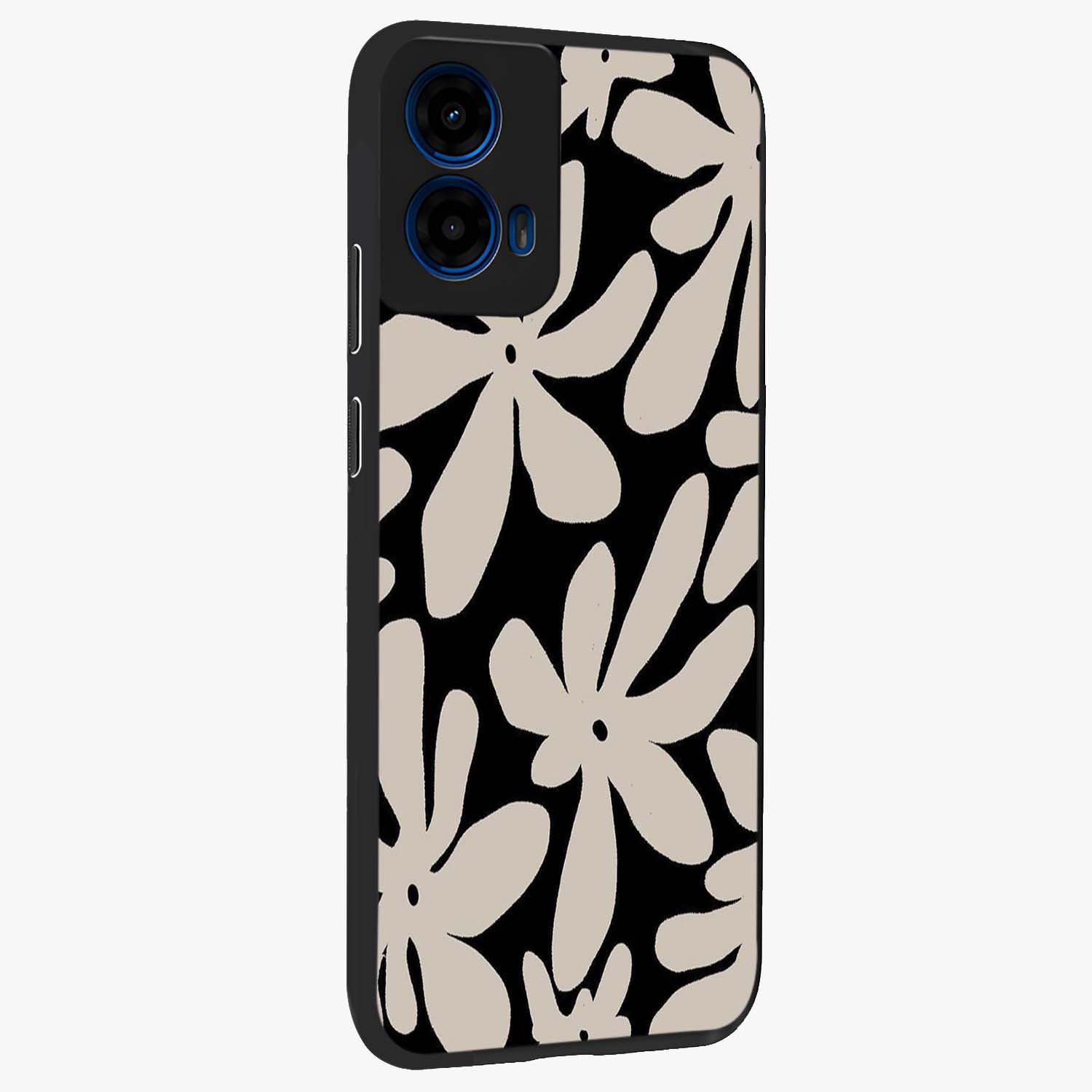 Monochrome Petal Dance Glass Case upright view showcasing artistic floral pattern with stylish monochrome theme.