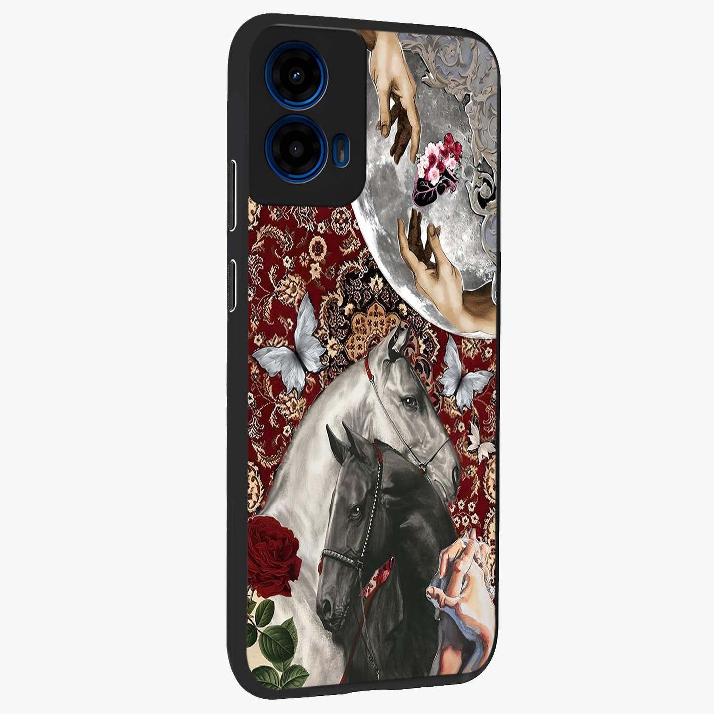 Moonlit Royal Stallion Glass Case upright view showcasing dramatic horse artwork with glowing moon themed design.