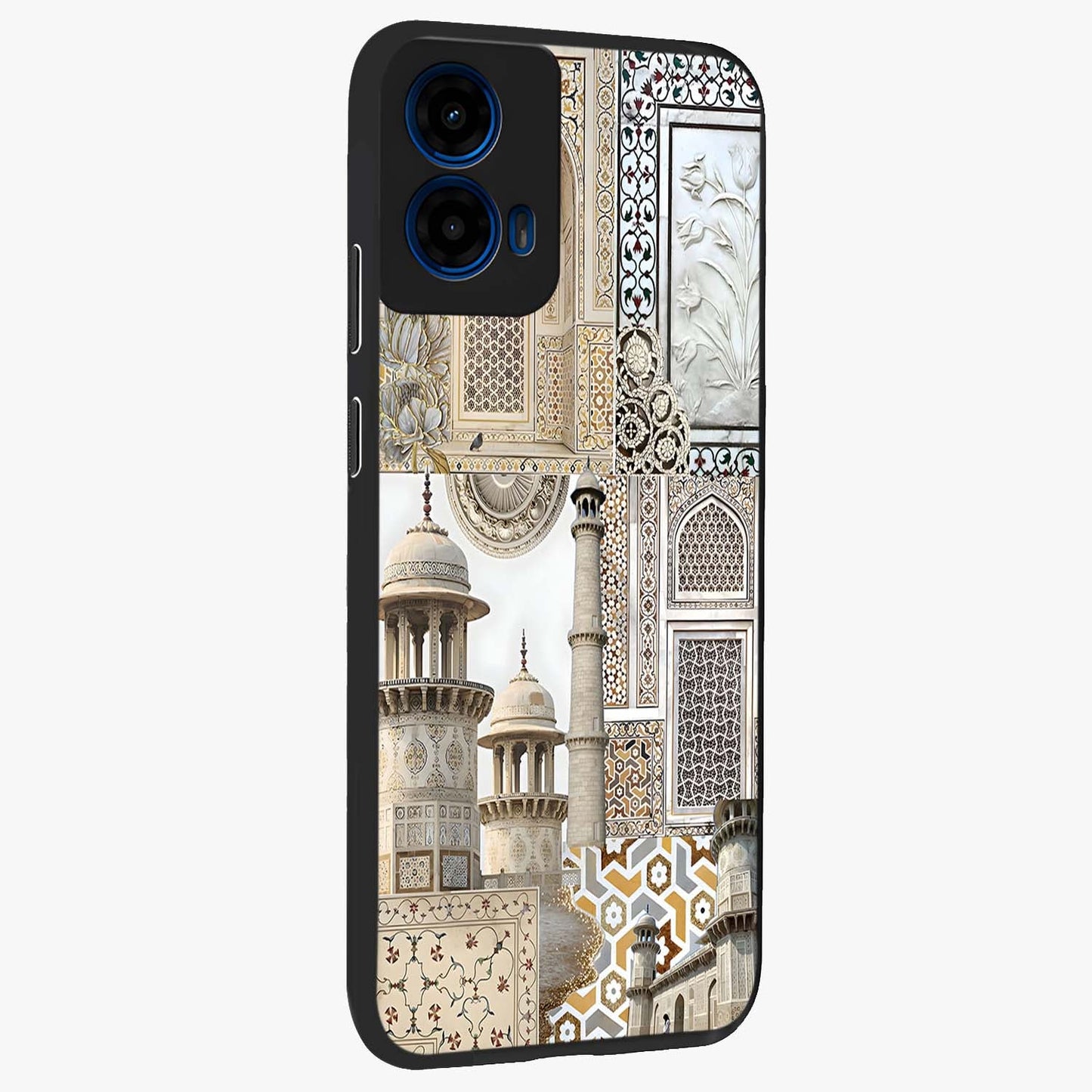 Mughal Marble Legacy Glass Case upright view showcasing ornate Mughal design with luxurious traditional theme.