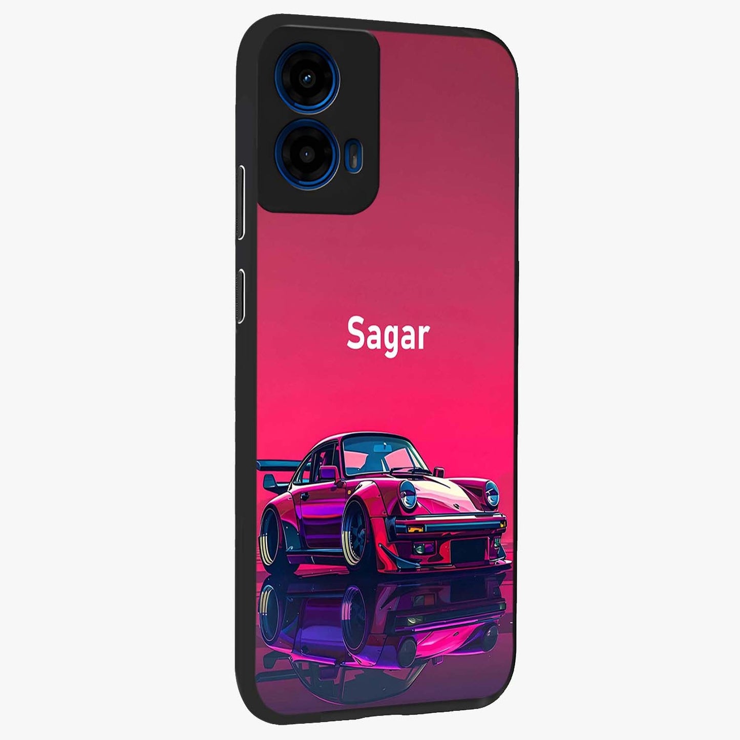 Neon Pink Porsche Glass Case upright view showcasing vibrant sports car artwork with bold automotive theme.