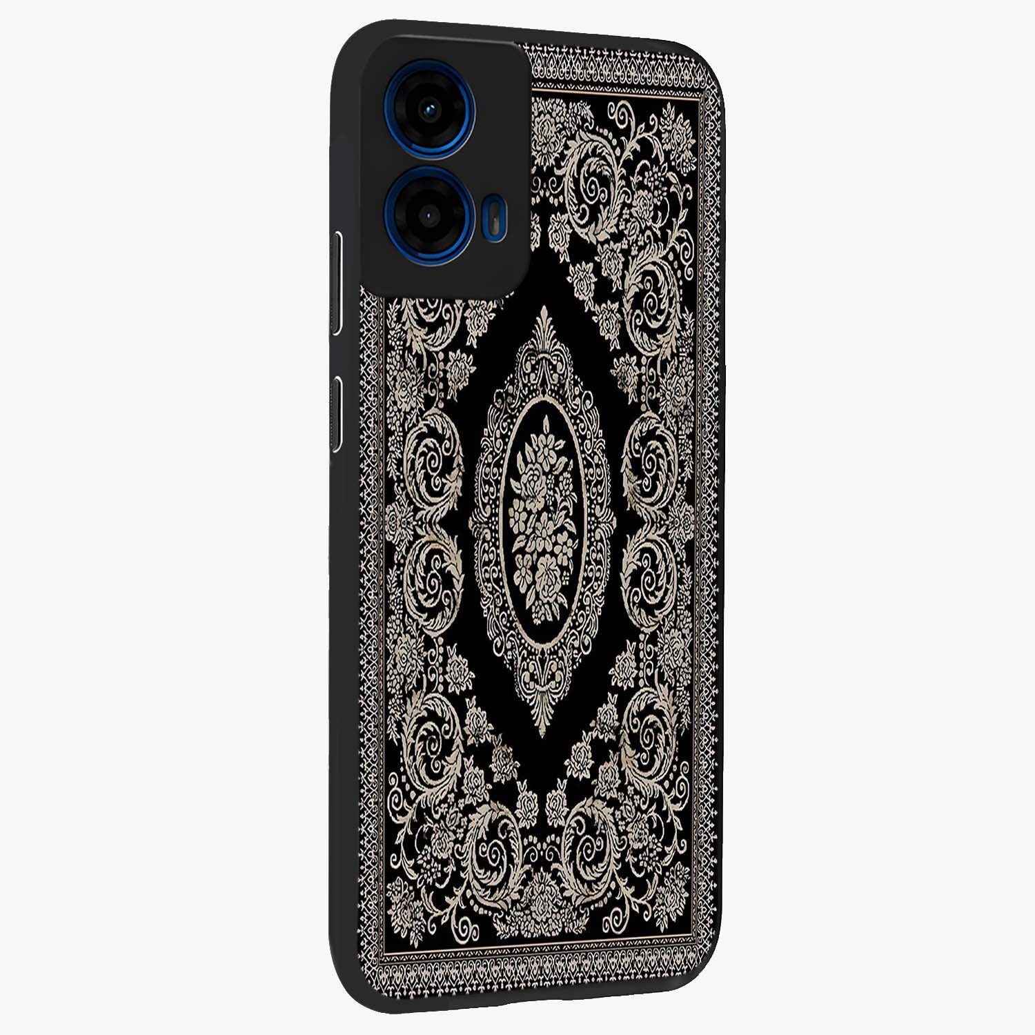 Noir Bloom Elegance Glass Case upright view showcasing graceful floral artwork with luxurious dark theme.