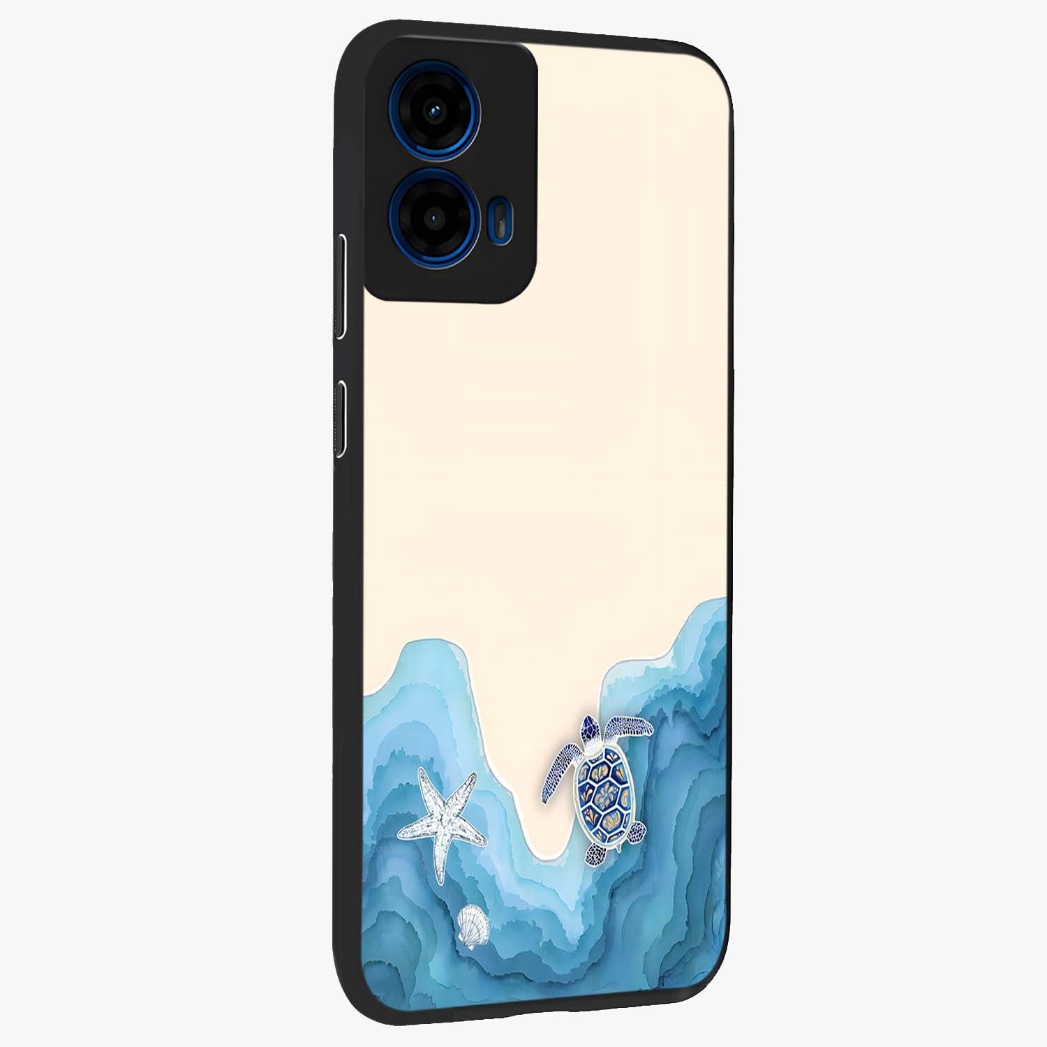 Ocean Drift Turtle Glass Case upright view showcasing calm underwater turtle artwork with nature inspired theme.