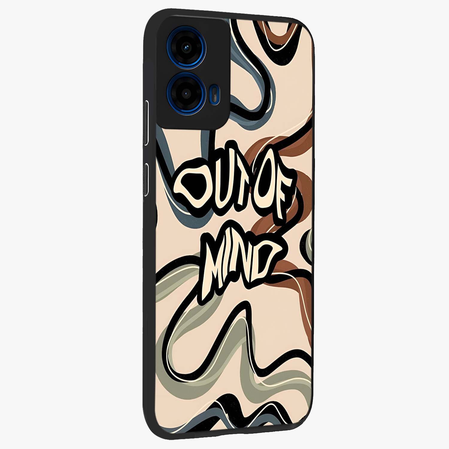 Out Of Mind Glass Case upright view showcasing striking typography artwork with edgy conceptual theme.