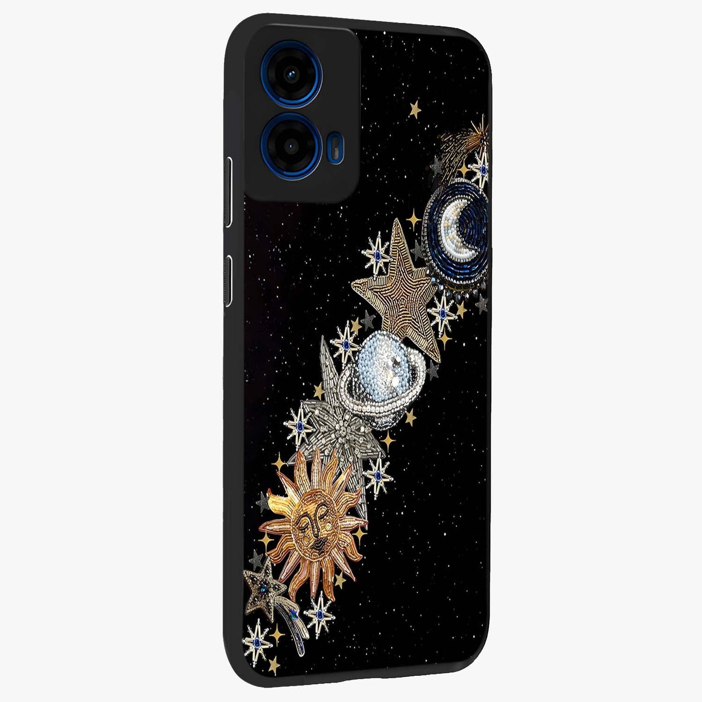 Pearls Universe Object Glass Case upright view showcasing decorative pearl themed artwork with cosmic elegance.