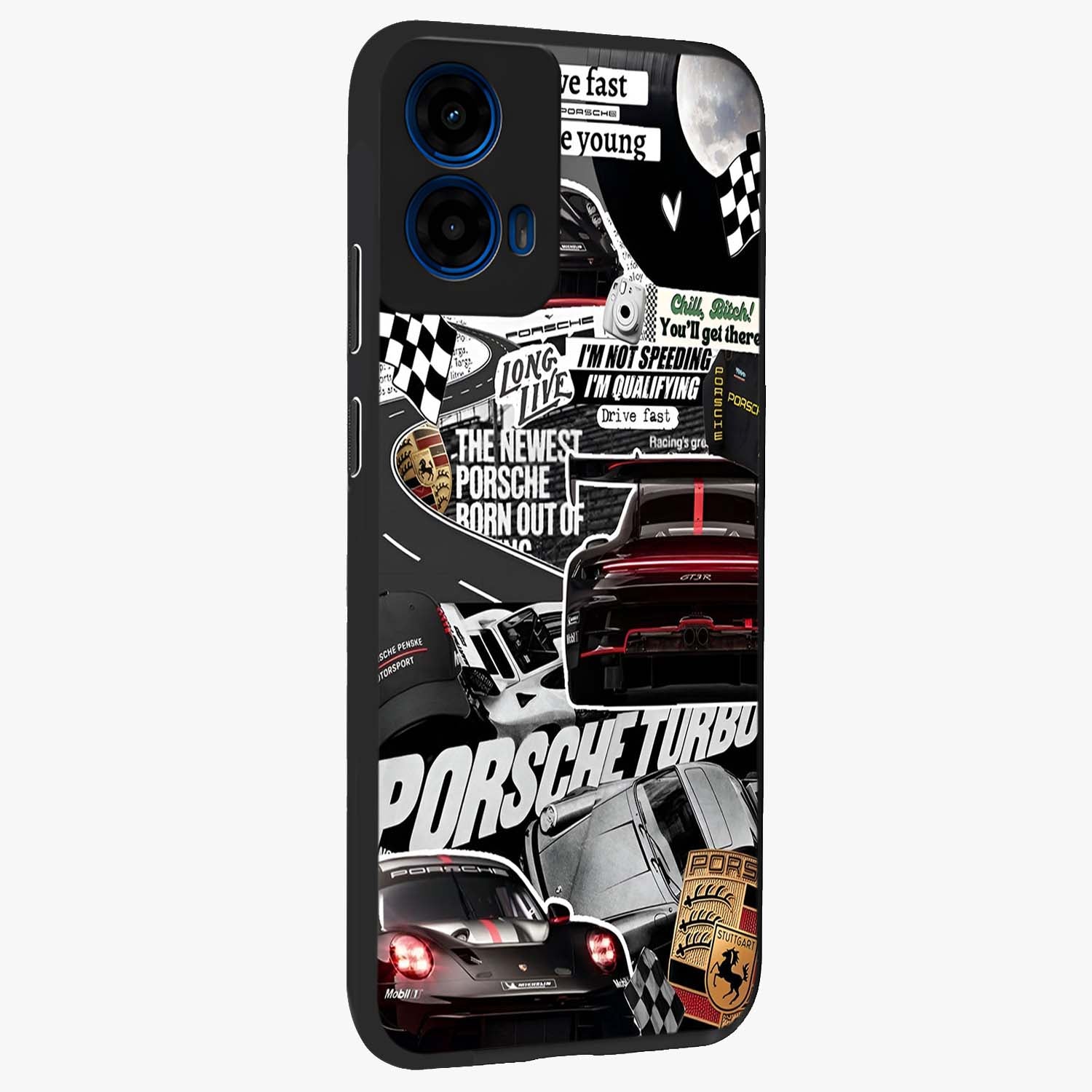 Porsche Racing Collage Glass Case upright view showcasing energetic car collage artwork with high speed racing theme.