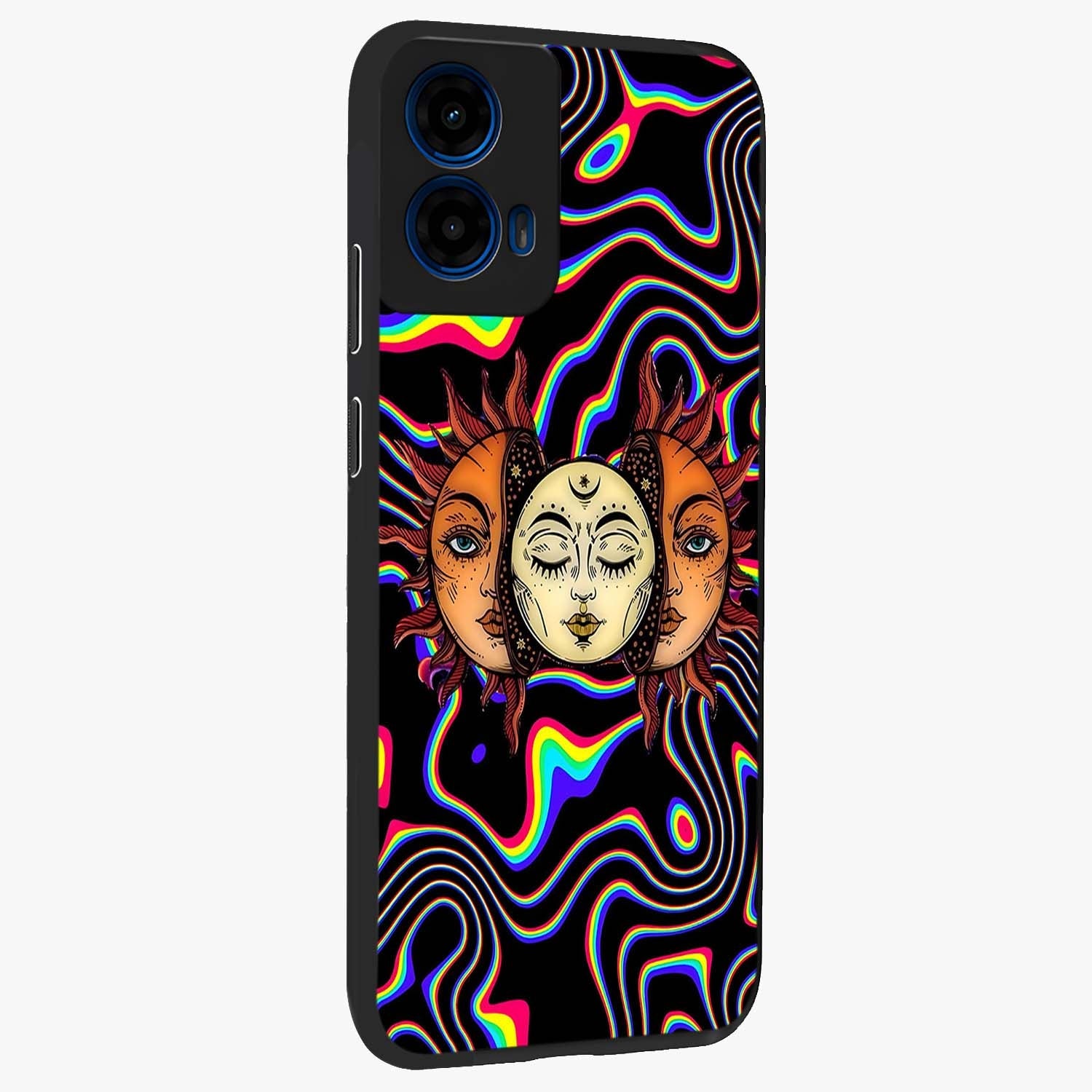 Psychedelic Sun Glass Case upright view showcasing trippy sun artwork with bold psychedelic theme.