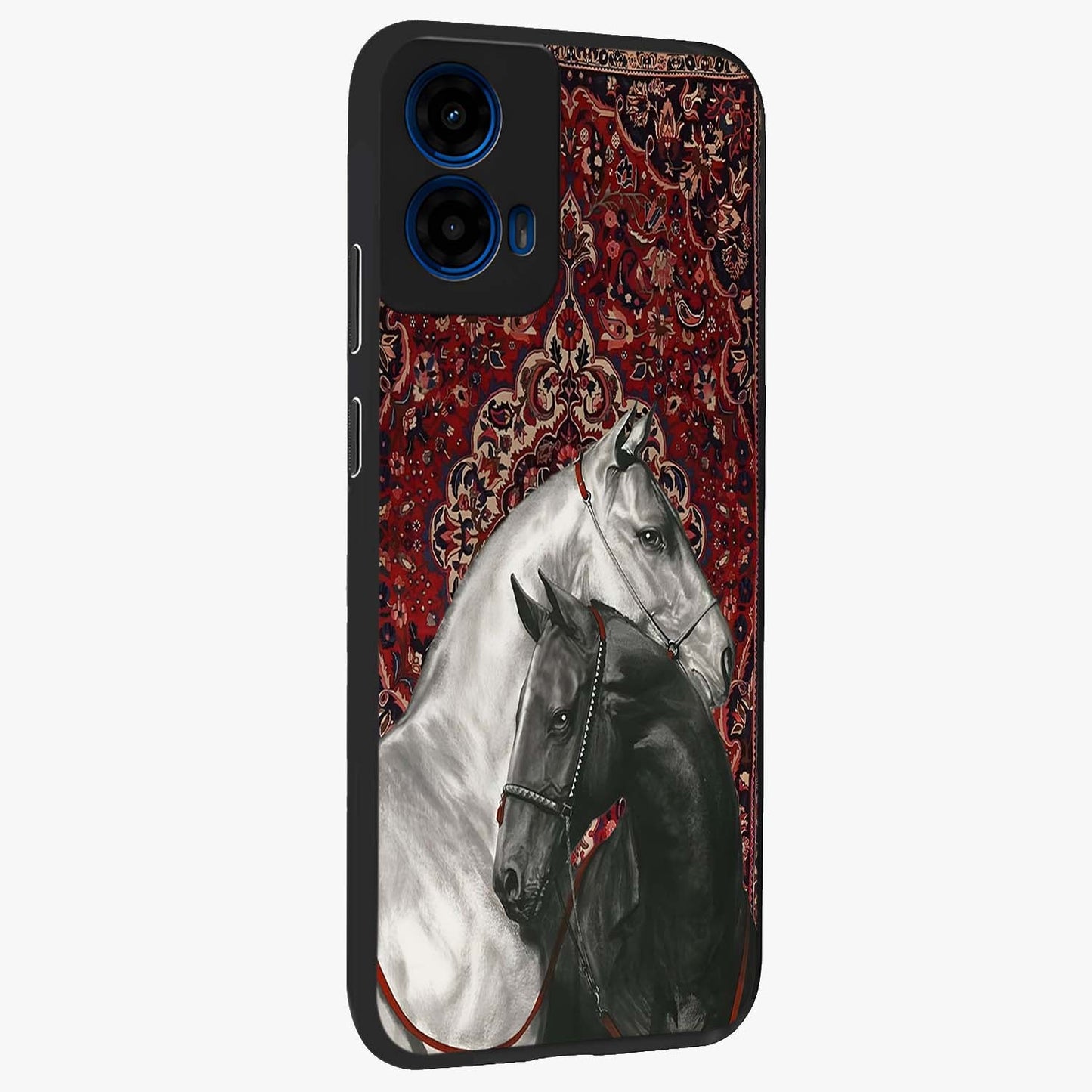 Regal Stallion Tapestry Glass Case upright view showcasing powerful horse artwork with elegant tapestry theme.