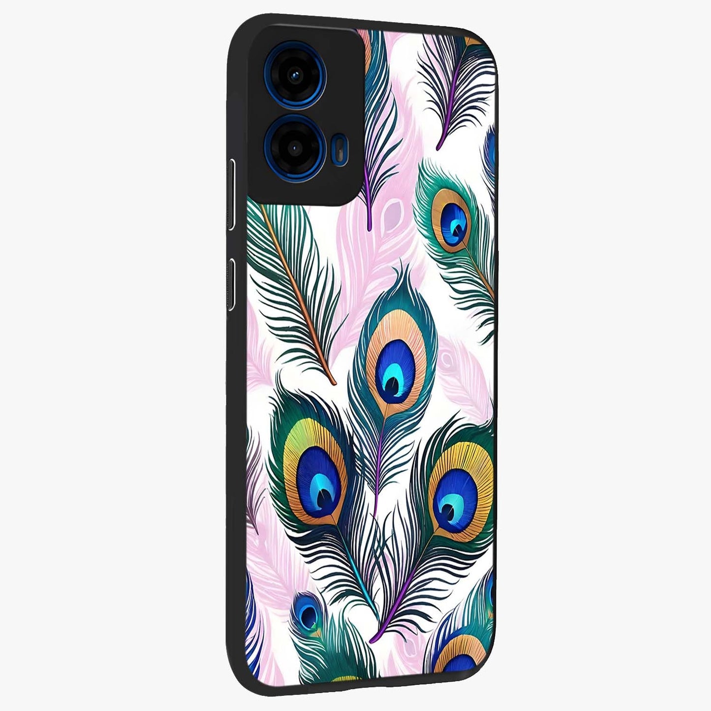 Royal Peacock Feathers Glass Case upright view showcasing elegant peacock feather artwork with decorative royal theme.