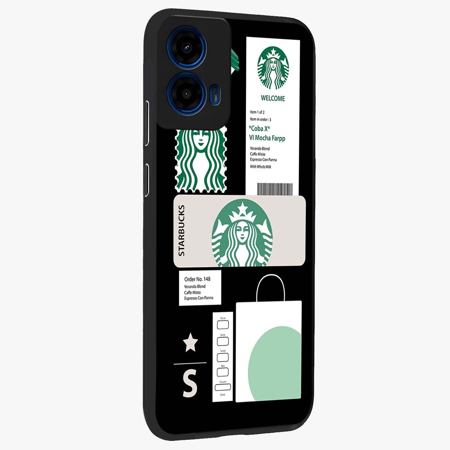 Starbucks Mocha Glass Case upright view showcasing trendy coffee inspired artwork with modern lifestyle theme.