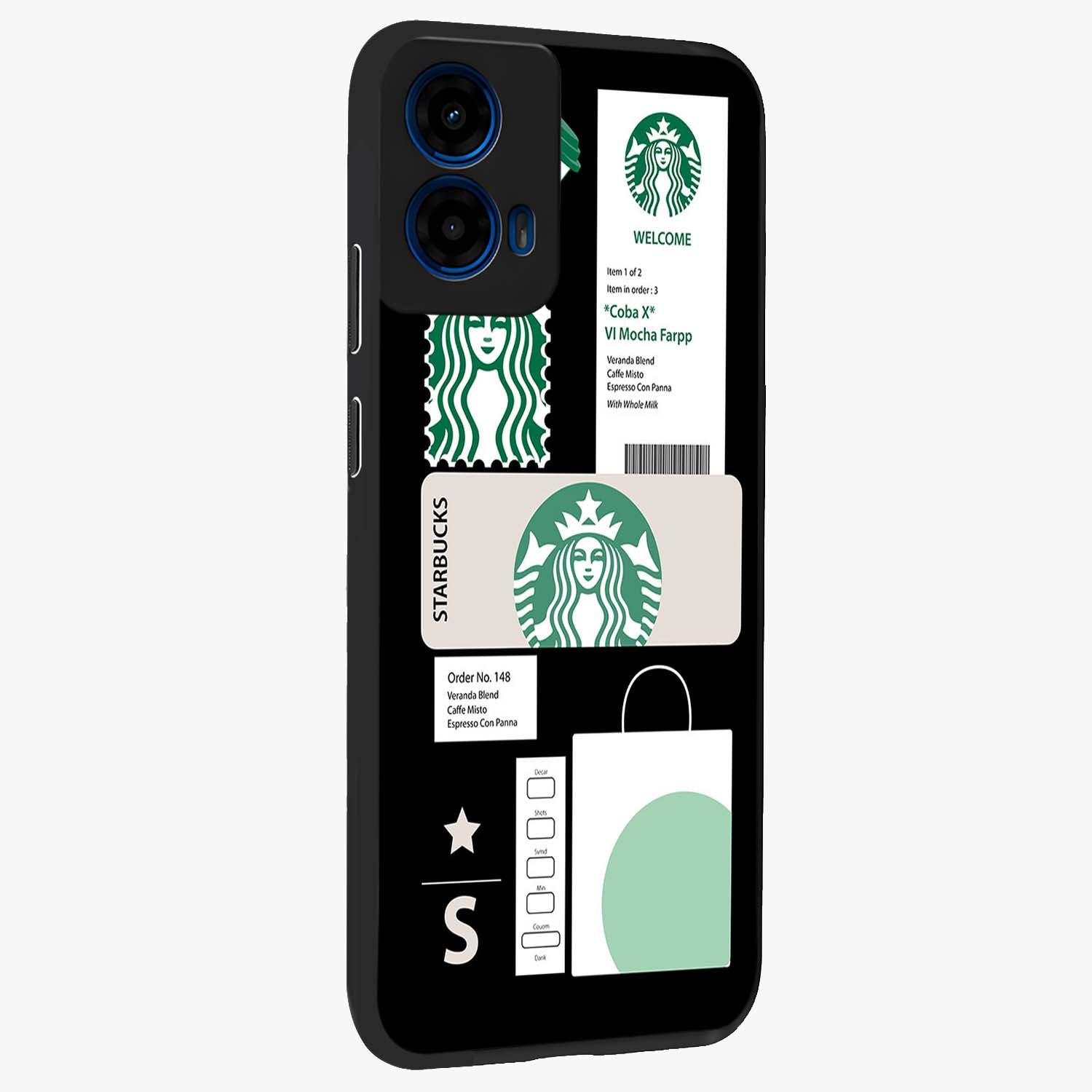 Starbucks Mocha Glass Case upright view showcasing trendy coffee inspired artwork with modern lifestyle theme.