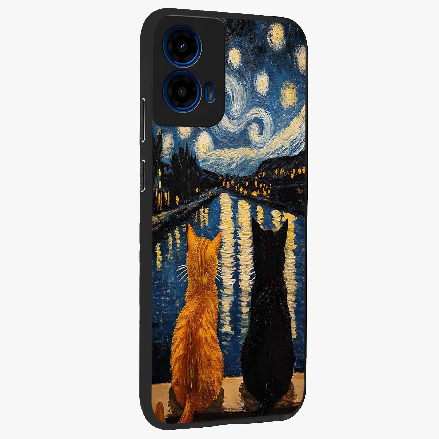 Starry River Cats Glass Case upright view showcasing adorable cat artwork with magical river and stars theme.