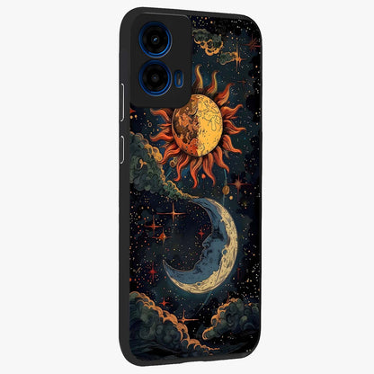 Sun And Moon Magic Design Glass Case upright view showcasing decorative sun and moon artwork with spiritual celestial theme.