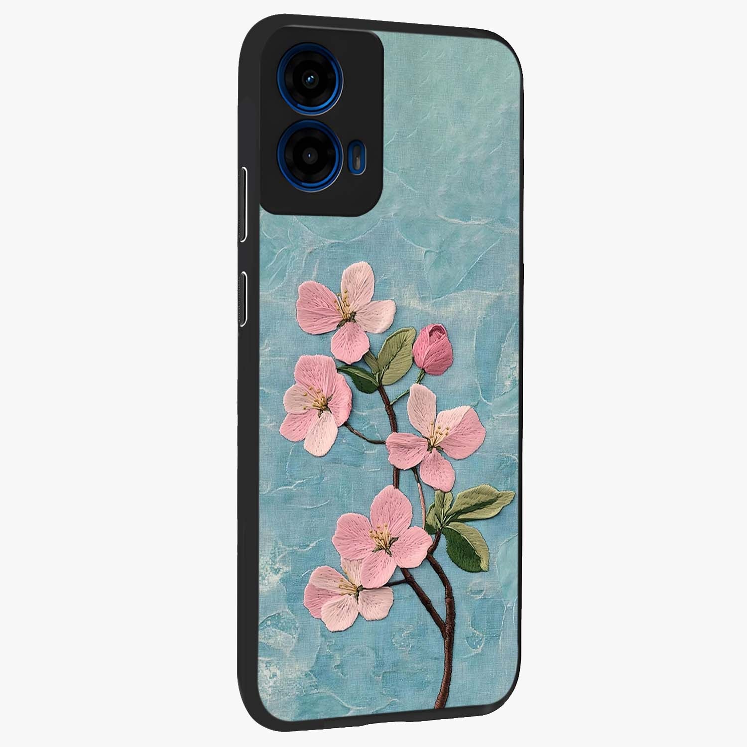 Threaded Blossom Breeze Glass Case upright view showcasing graceful flower artwork with calm botanical theme.