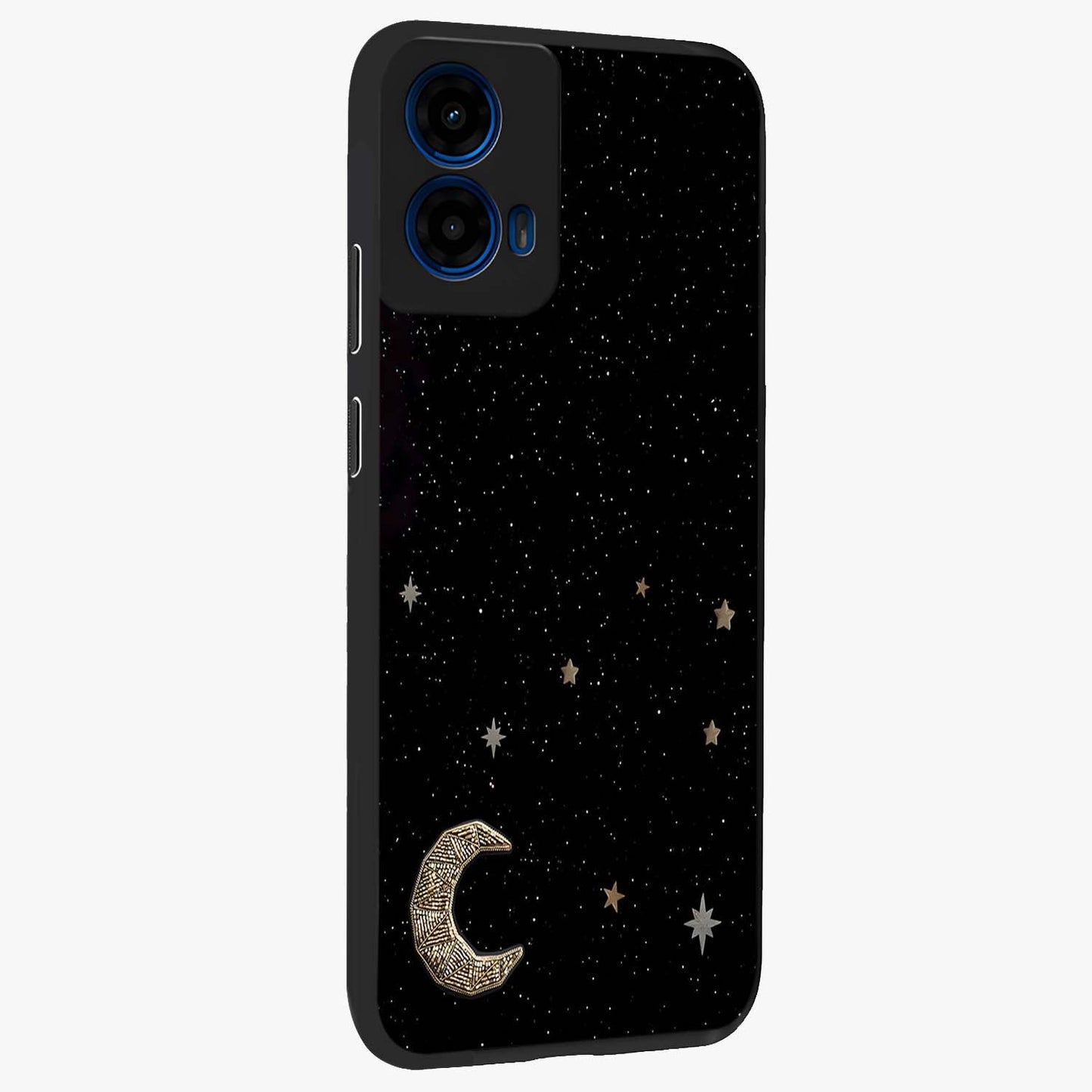 Twinkle Star With Half Moon Glass Case upright view showcasing glowing cosmic artwork with dreamy night theme.