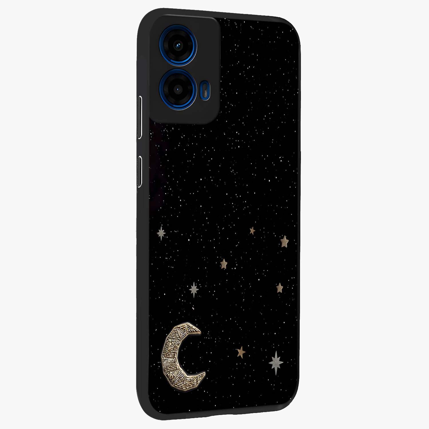 Twinkle Star With Half Moon Glass Case upright view showcasing glowing cosmic artwork with dreamy night theme.