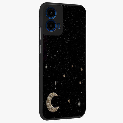 Twinkle Star With Half Moon Glass Case upright view showcasing glowing cosmic artwork with dreamy night theme.
