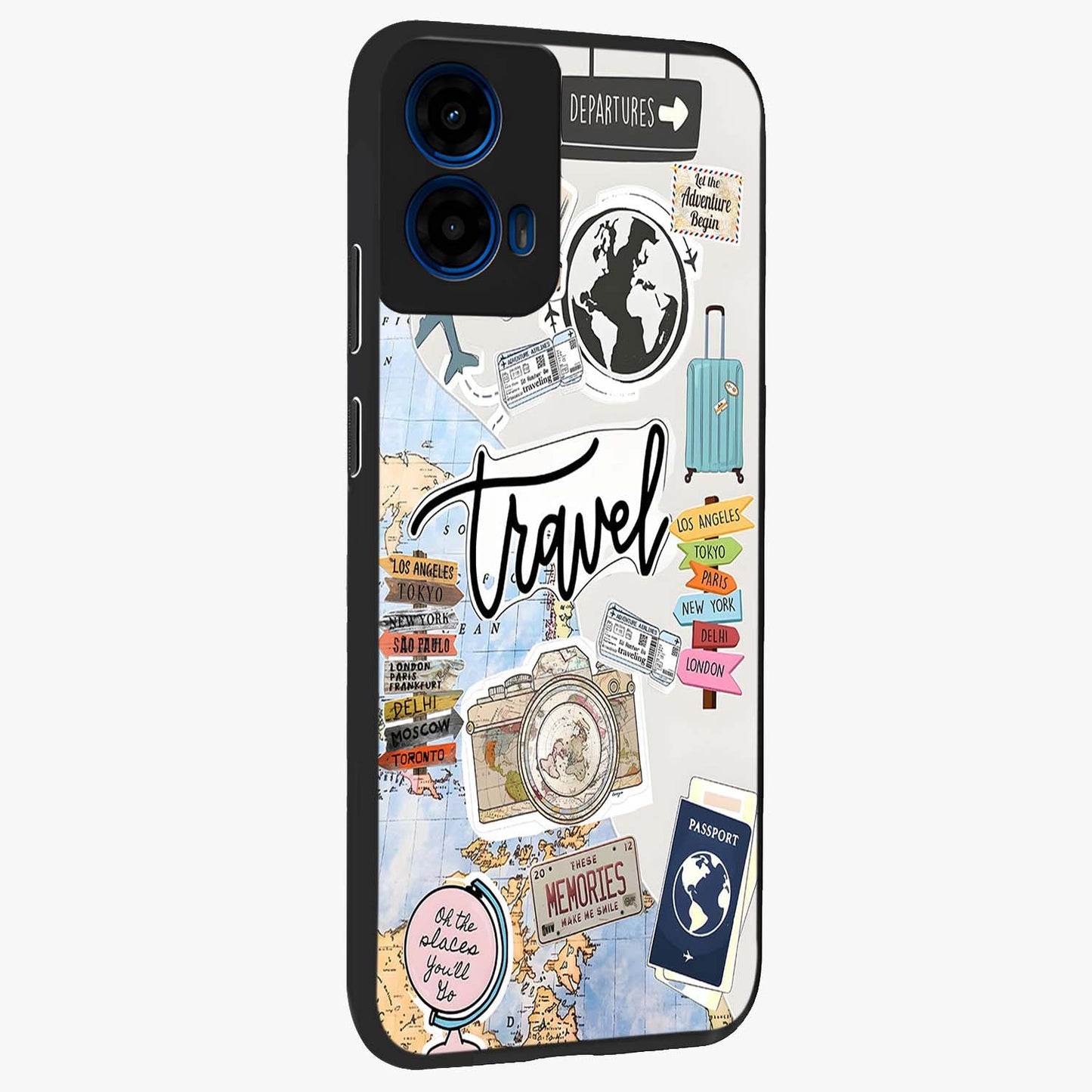 Wanderlust Journal Glass Case upright view showcasing wanderlust inspired artwork with creative exploration theme.