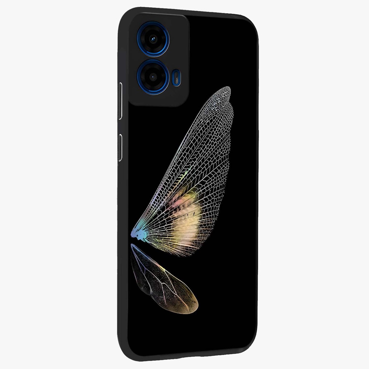 Whispers Of Wings Glass Case upright view showcasing elegant wing artwork with light airy theme.