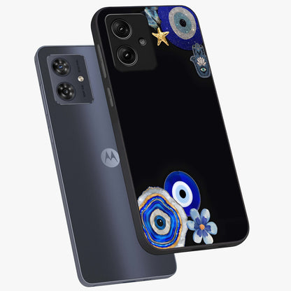 Aesthetic Blue Evil Eye Glass Case displayed in angled mockup highlighting blue evil eye symbol and spiritual aesthetic design.