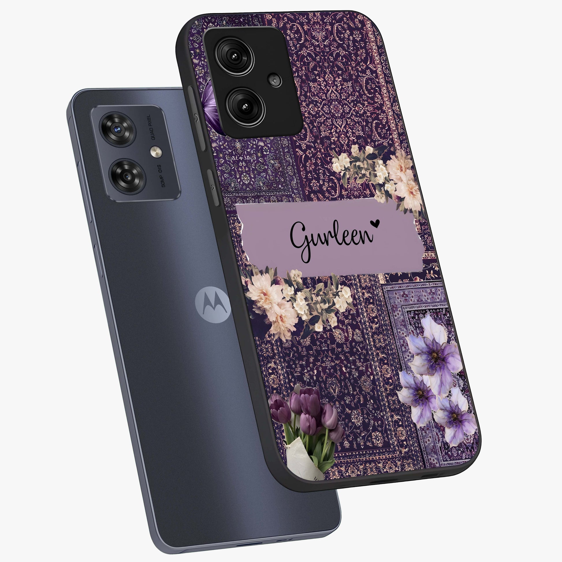 Antique Floral Whisper Custom Name Glass Case displayed in angled mockup highlighting elegant antique floral aesthetic.