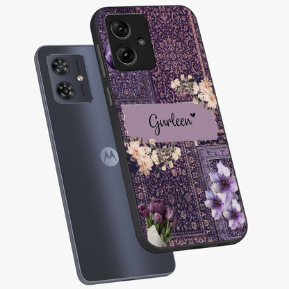 Antique Floral Whisper Custom Name Glass Case displayed in angled mockup highlighting elegant antique floral aesthetic.