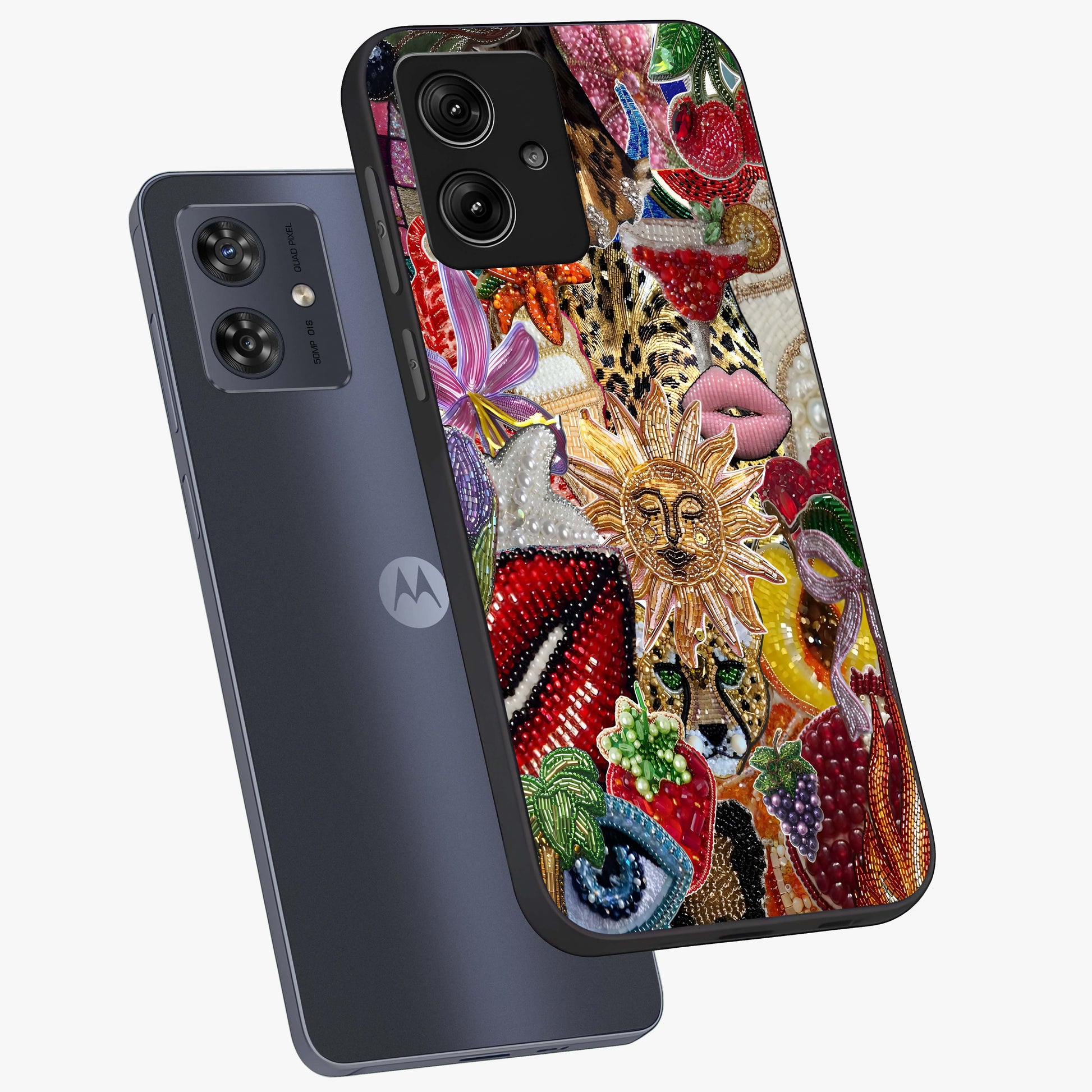 Beaded Fashion Jungle Glass Case displayed in angled mockup highlighting colorful fashion bead design and artistic pattern.