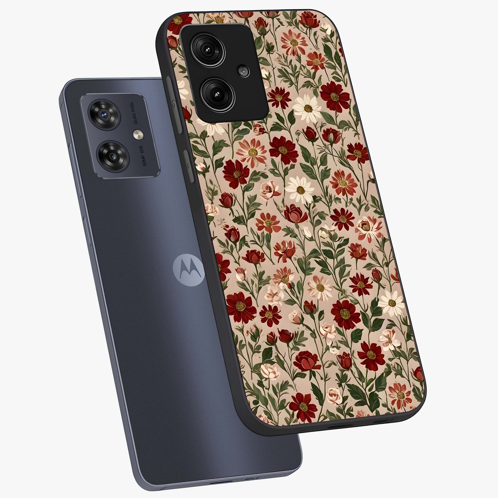 Biege Flower With Leaf Glass Case displayed in angled mockup highlighting minimal floral leaf design and elegant aesthetic.