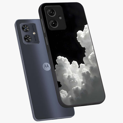 Black Background With White Cloud Glass Case displayed in angled mockup highlighting soft white cloud illustration and minimal design.