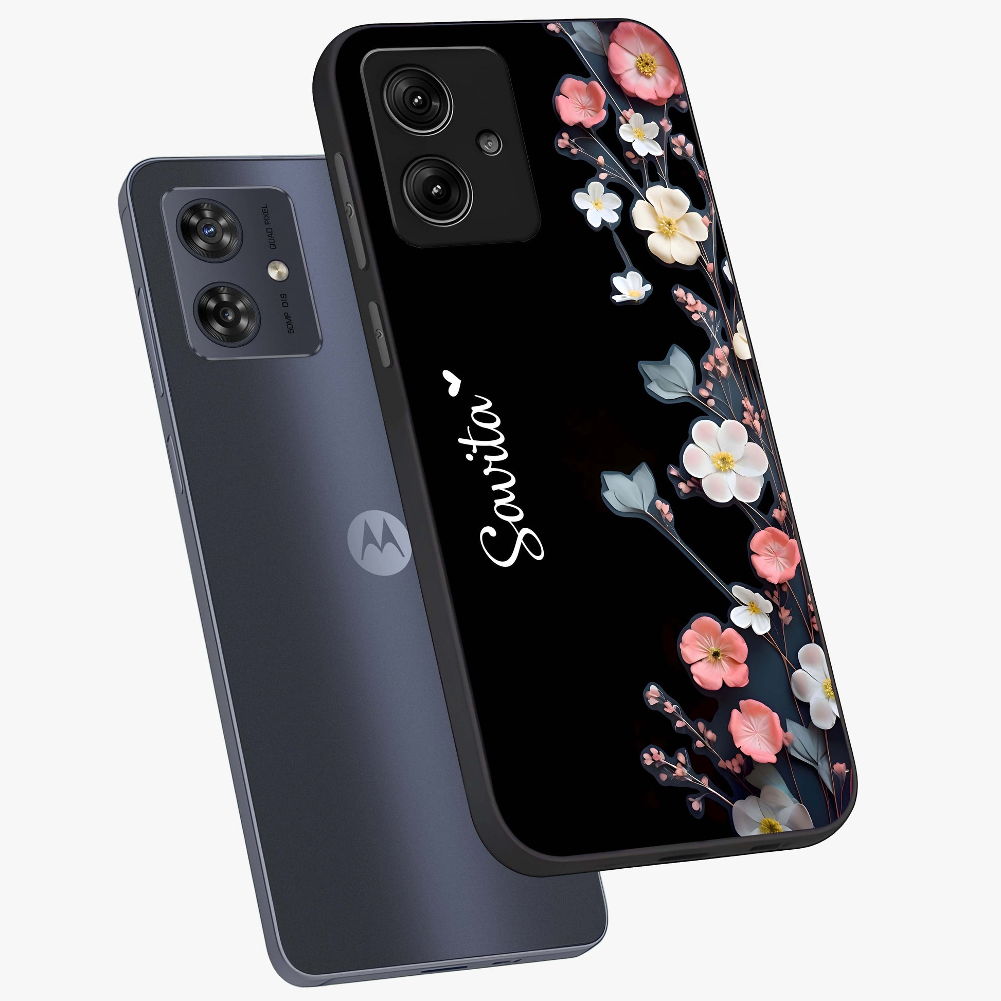 Black Elegance Floral Custom Name Glass Case displayed in angled mockup highlighting dark floral aesthetic and custom name feature.