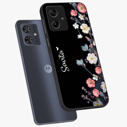 Black Elegance Floral Custom Name Glass Case displayed in angled mockup highlighting dark floral aesthetic and custom name feature.