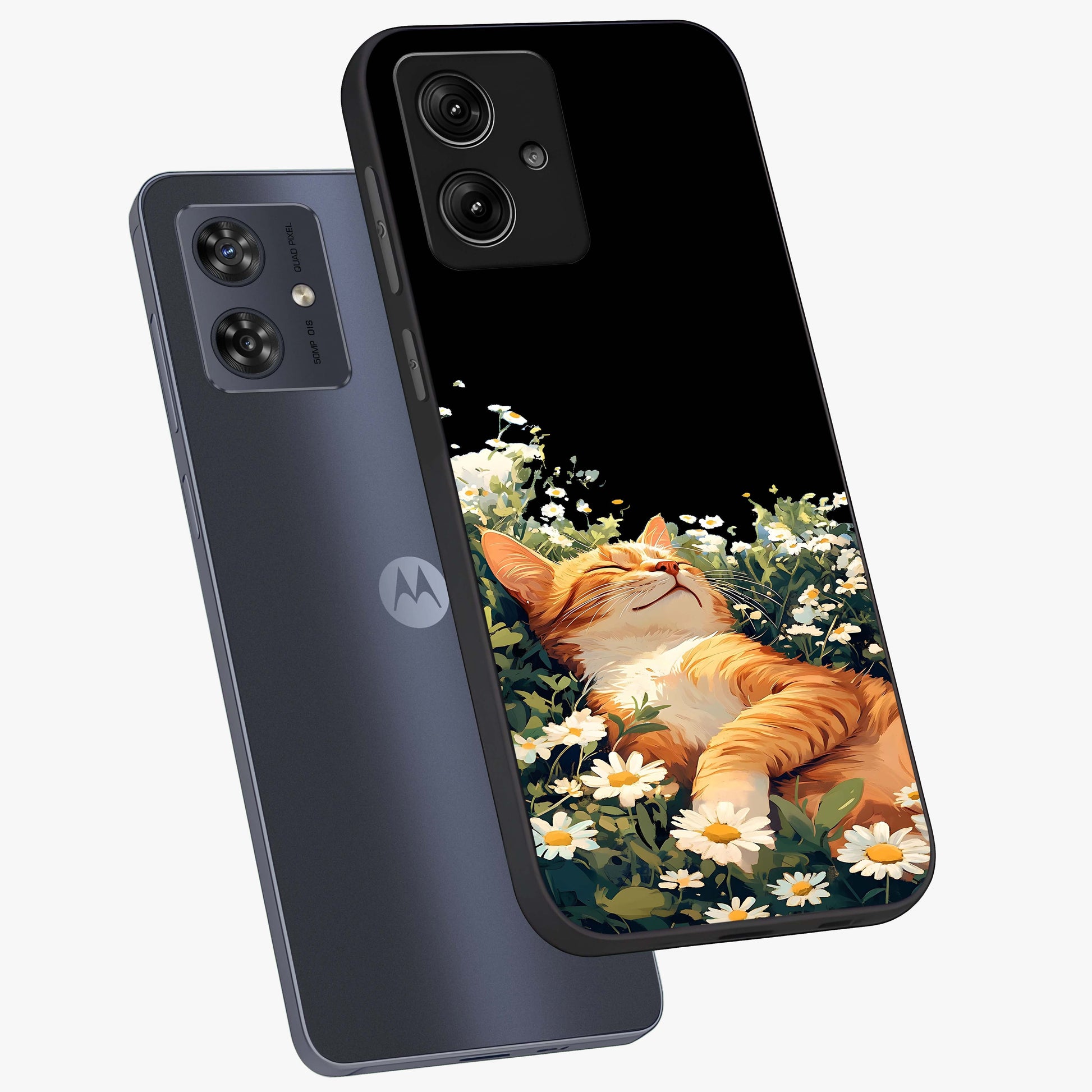Blissful Bloom Cat Glass Case displayed in angled mockup highlighting playful feline illustration with soft floral aesthetic.