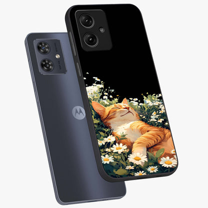Blissful Bloom Cat Glass Case displayed in angled mockup highlighting playful feline illustration with soft floral aesthetic.