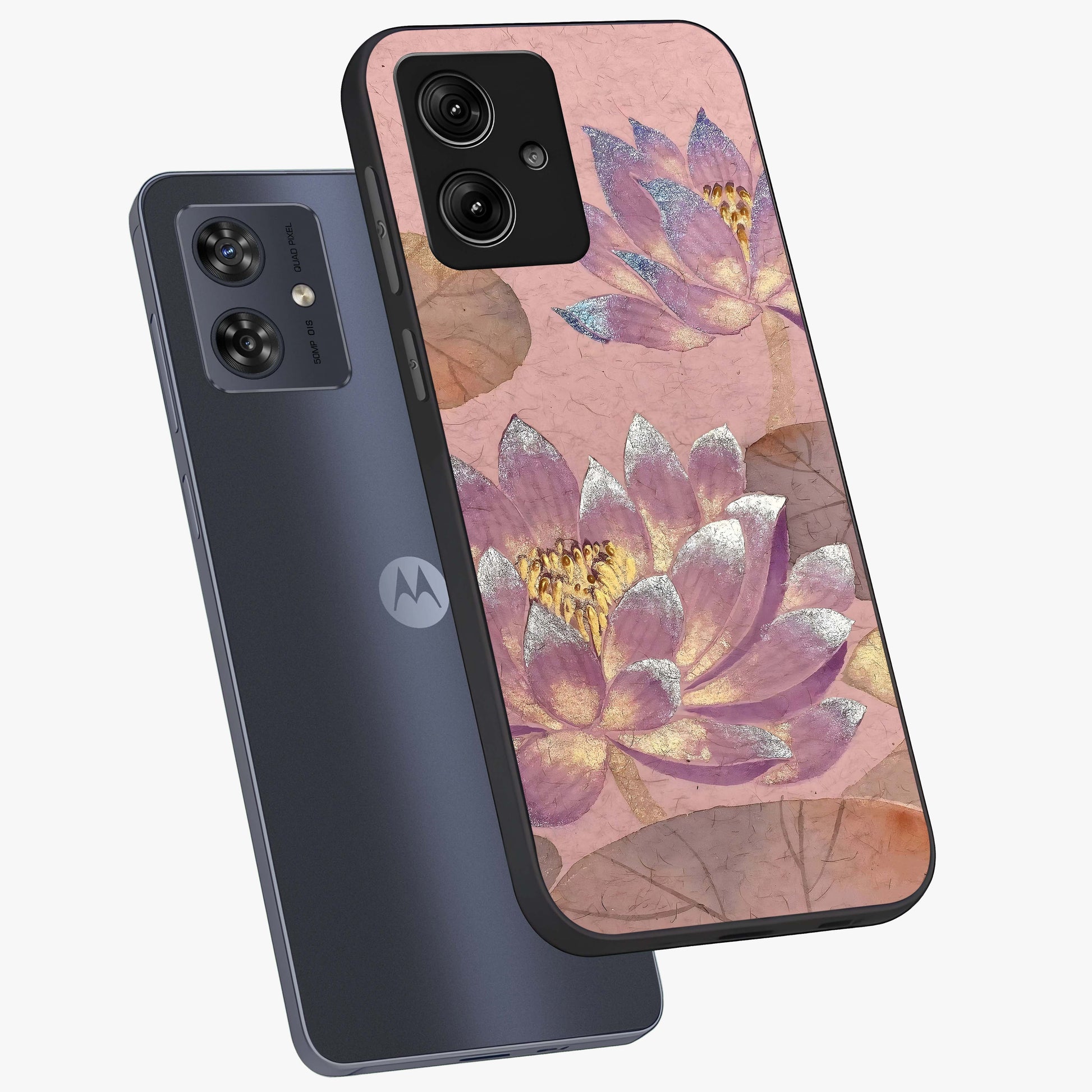 Blossom Mist Lotus Glass Case displayed in angled mockup highlighting delicate lotus illustration with calm aesthetic theme.