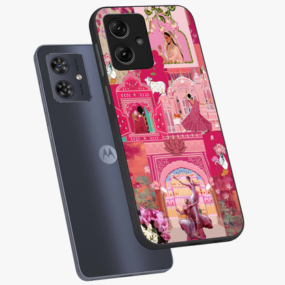 Blossoms of Rajasthan Glass Case displayed in angled mockup highlighting vibrant floral pattern with cultural aesthetic style.