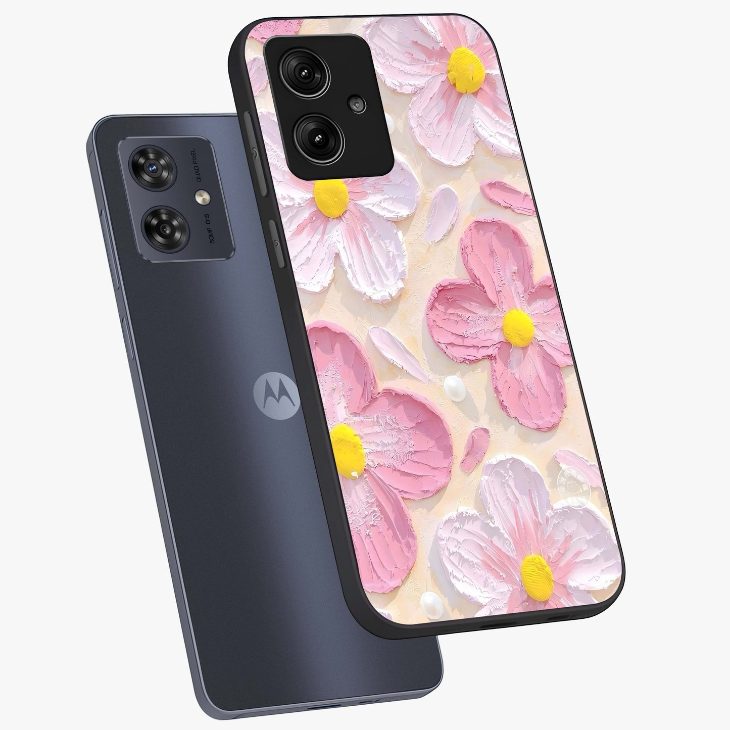 Blush Bloom Texture Glass Case displayed in angled mockup highlighting subtle bloom pattern with aesthetic pastel design.