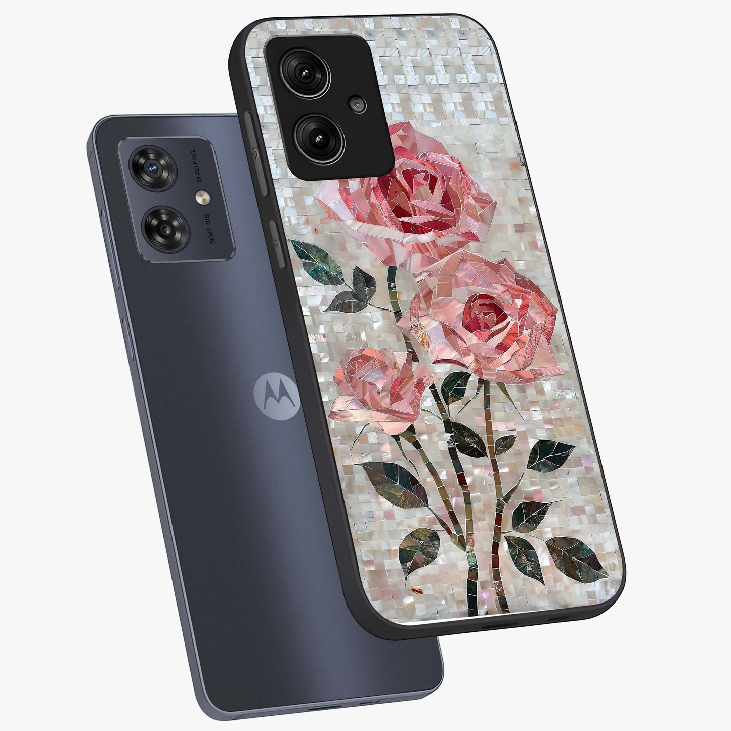 Blush Mosaic Bloom Glass Case displayed in angled mockup highlighting artistic mosaic flower pattern with aesthetic design.