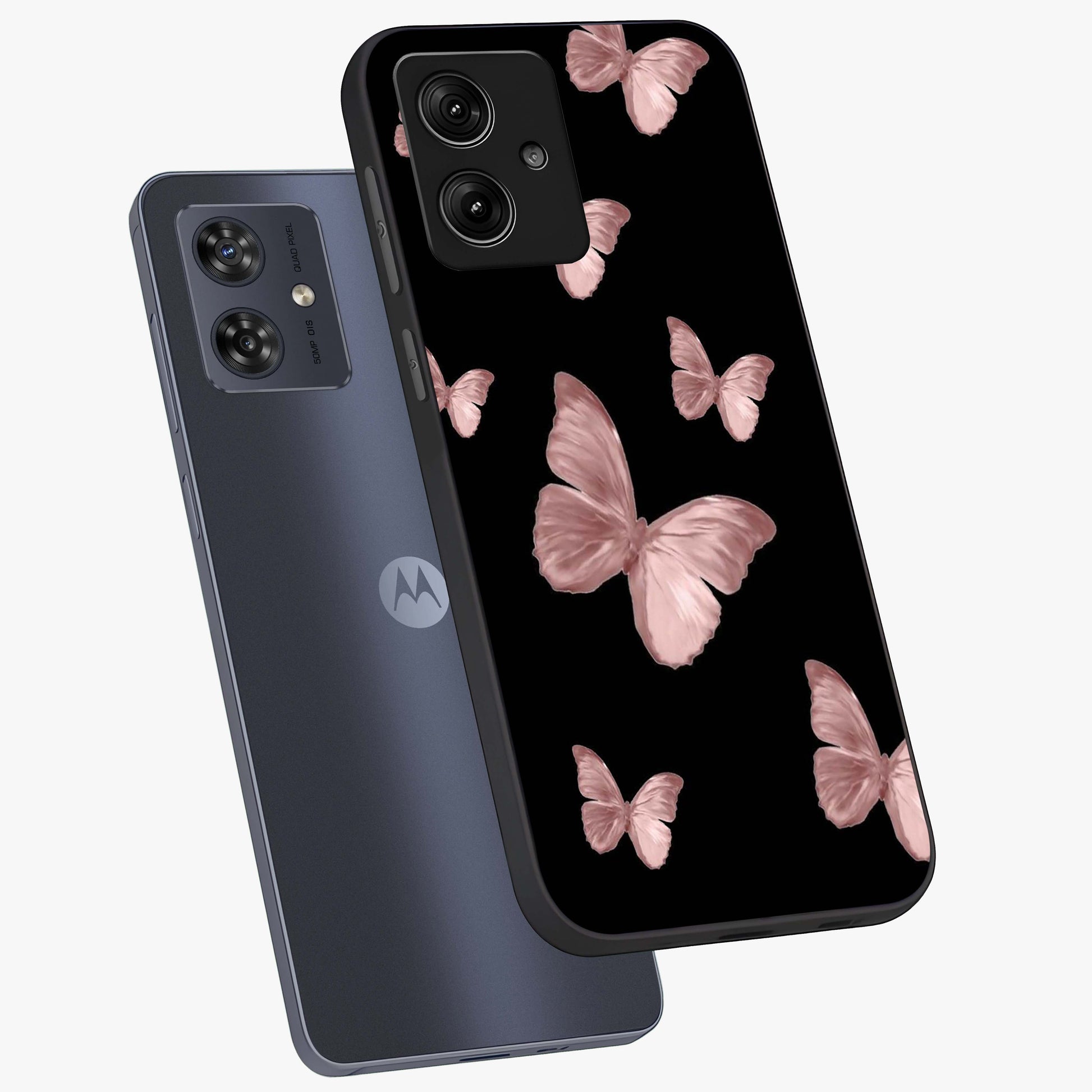 Butterfly Pattern Glass Case displayed in angled mockup highlighting delicate butterfly design and aesthetic pattern style.
