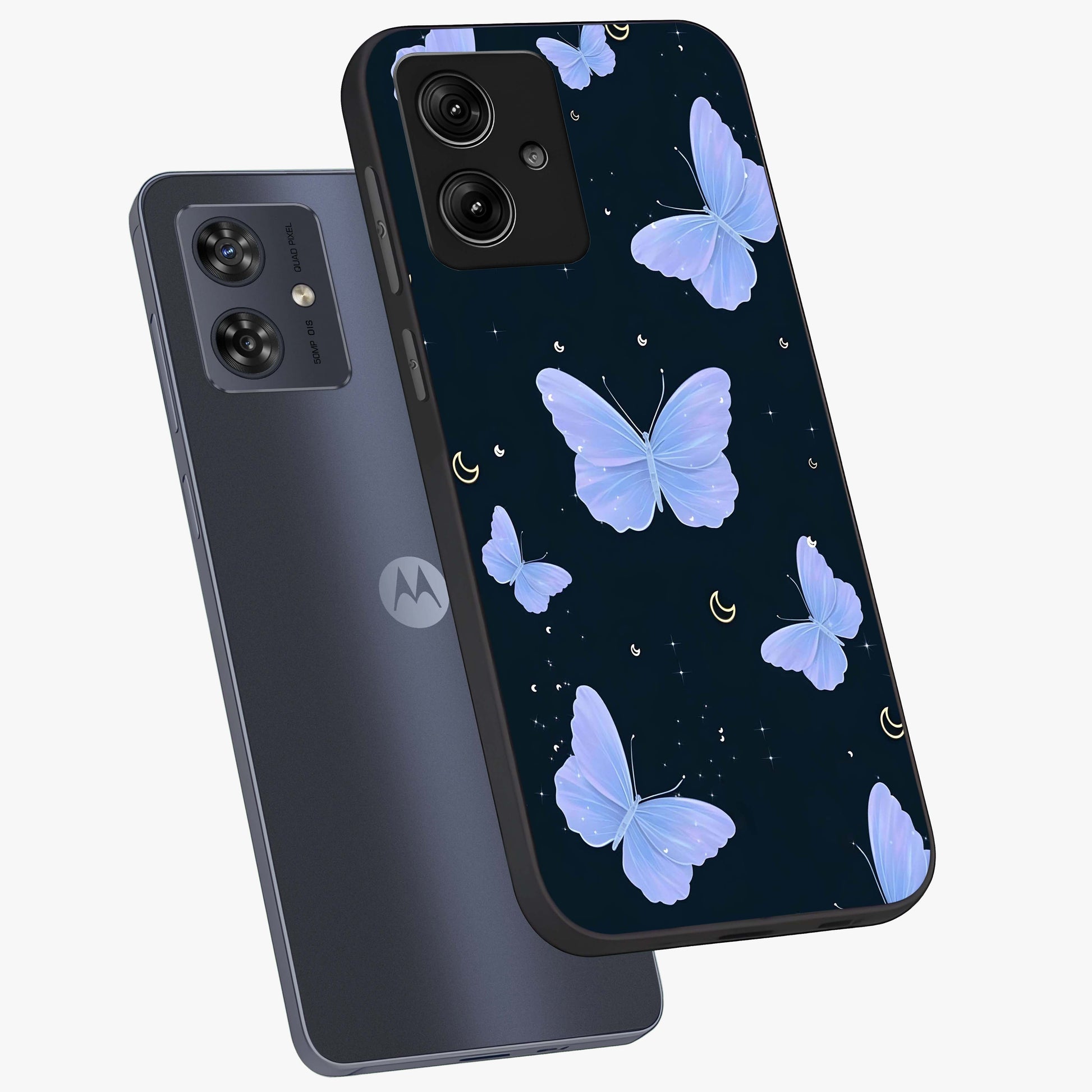 Butterfly With Stars Pattern Glass Case displayed in angled mockup highlighting dreamy butterfly and star design with aesthetic theme.