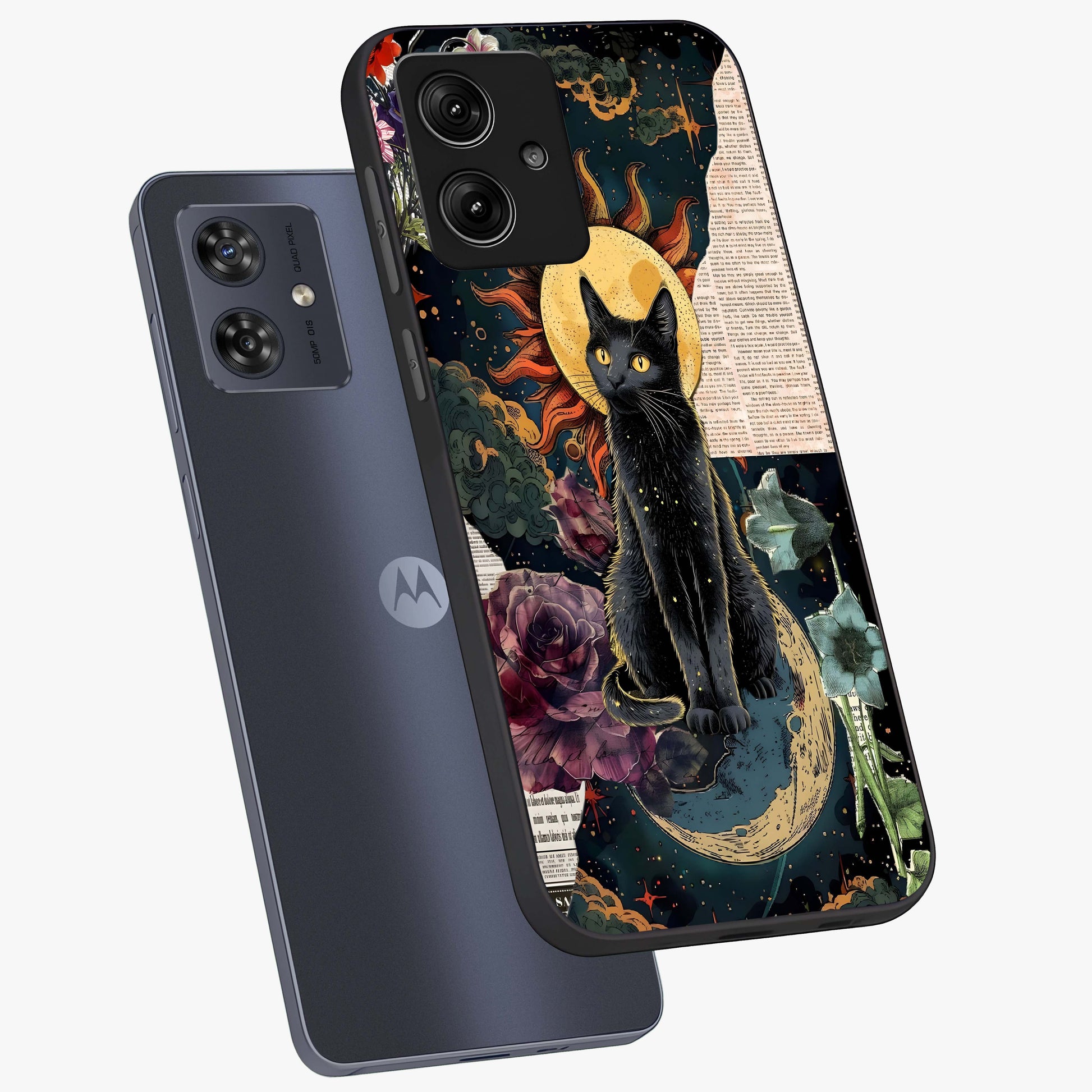 Celestial Black Cat Glass Case displayed in angled mockup highlighting cosmic black cat design with celestial aesthetic.