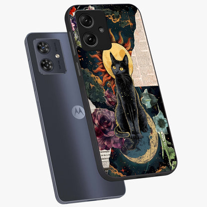 Celestial Black Cat Glass Case displayed in angled mockup highlighting cosmic black cat design with celestial aesthetic.
