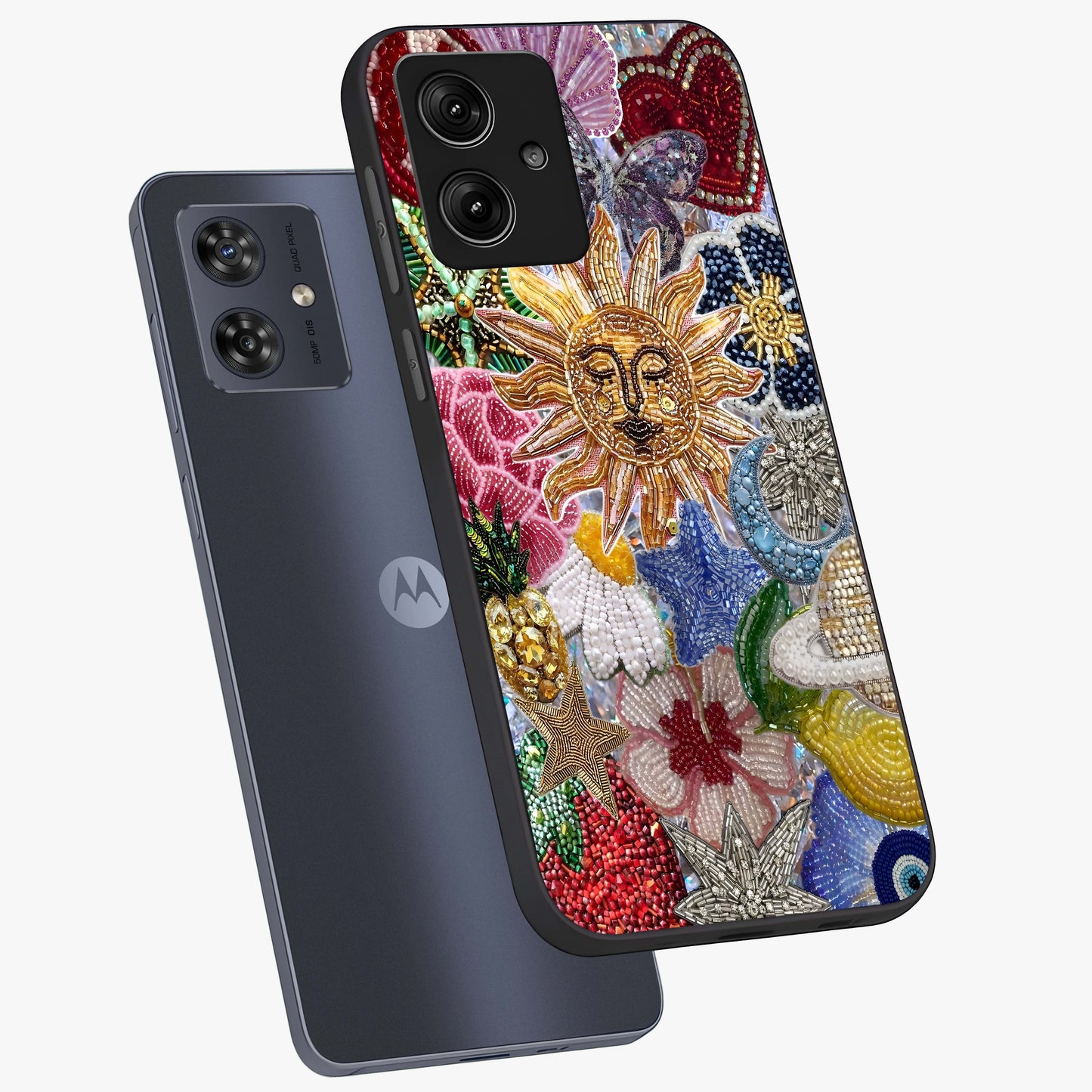 Celestial Floral and Playful Glass Case displayed in angled mockup highlighting playful floral design with dreamy celestial elements.